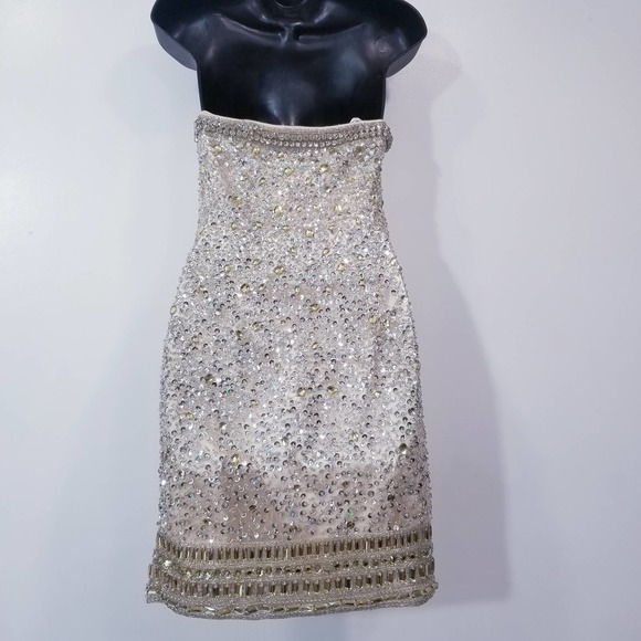 LARA Designs Rhinestones Jeweled Beads Embellished Champagne Mini Dress - Picture 6 of 15